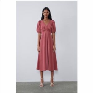 Zara Puff Sleeve Modal V neck Empire Pink Midi Dress sz L